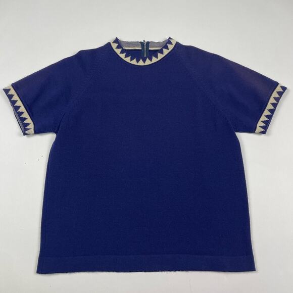 Vintage Women’s Cardigan & Short Sleeve Top Set Small Blue Cream Geometric Trim - Picture 3 of 8